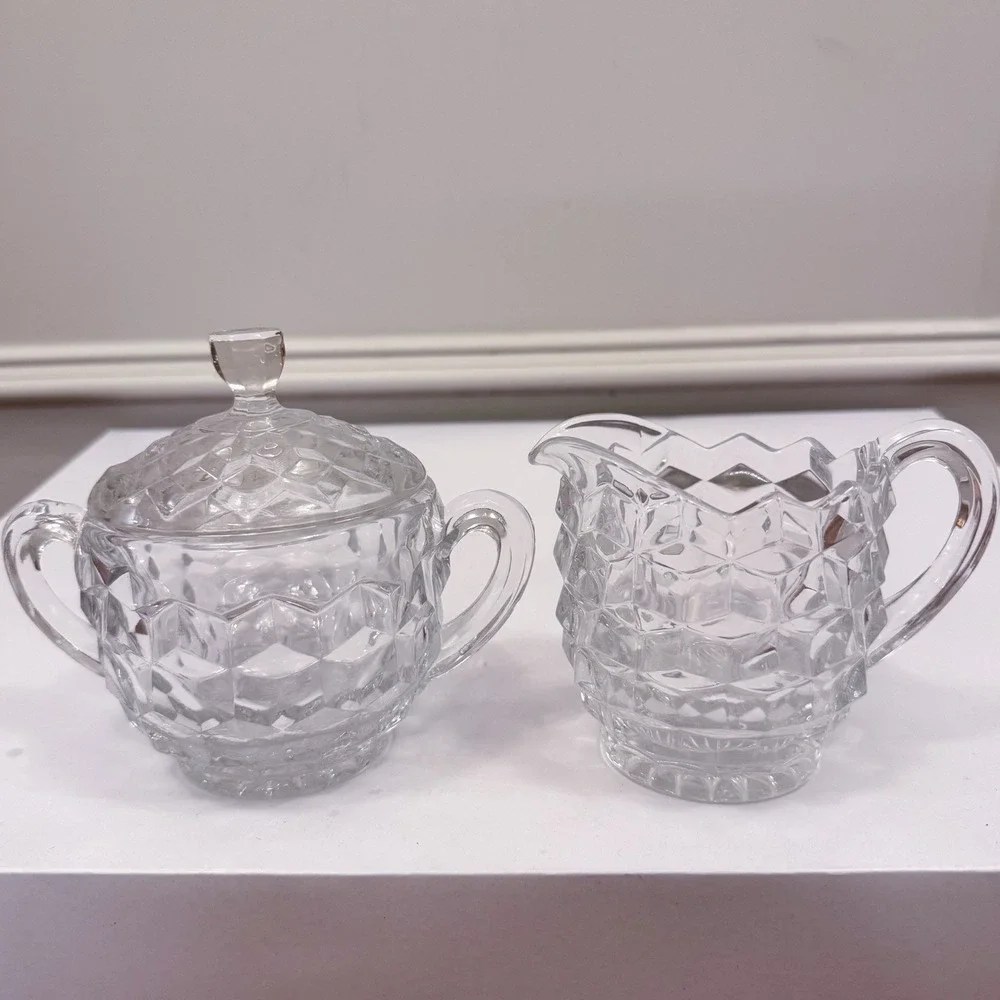 Vintage Fostoria American Sugar Bowl Clear Handled With Lid‎ And Creamer Set